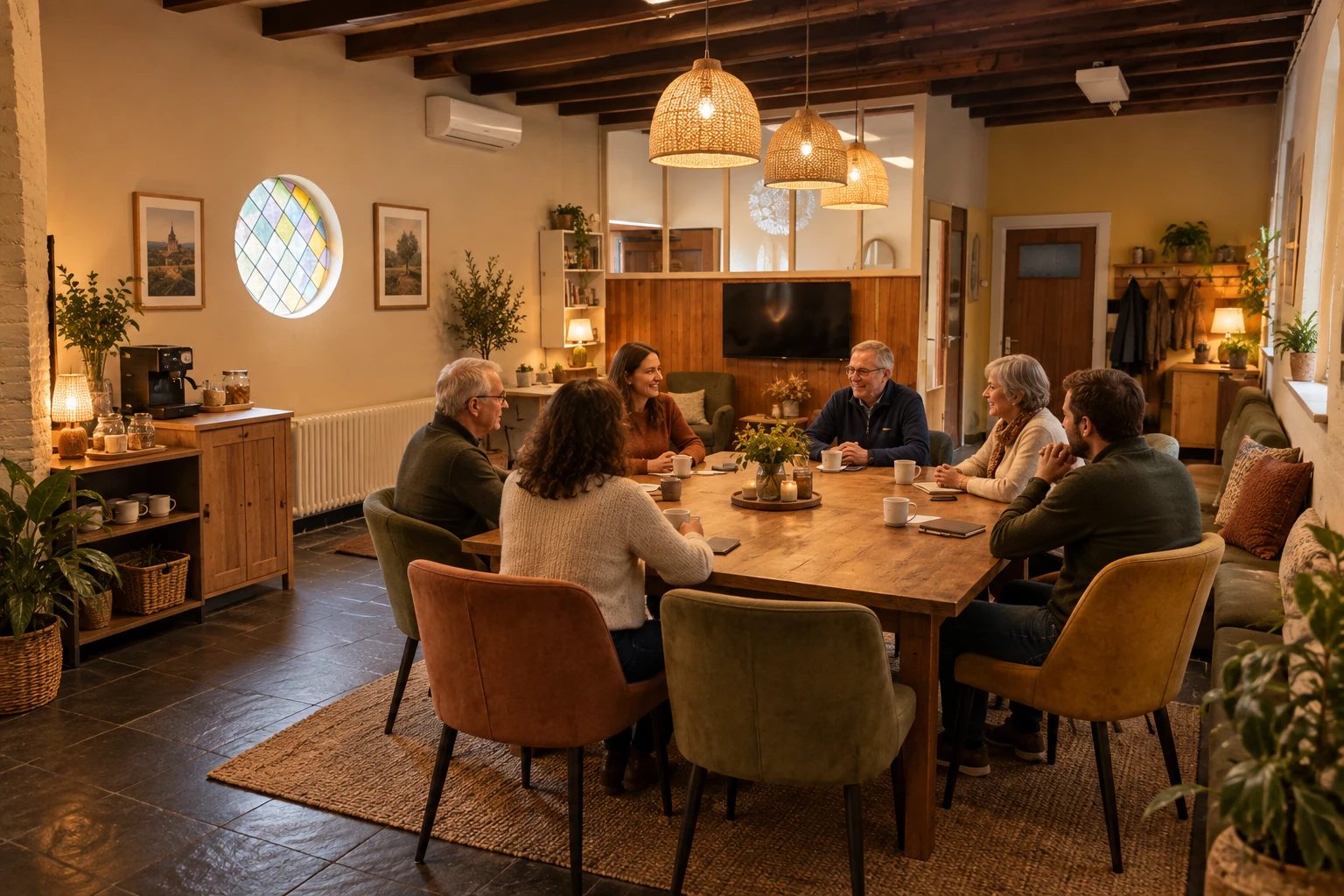 Impressie van de sacristie na de verbouwing: een warme vergaderruimte met een grote houten tafel, gestoffeerde stoelen en een koffiehoek.